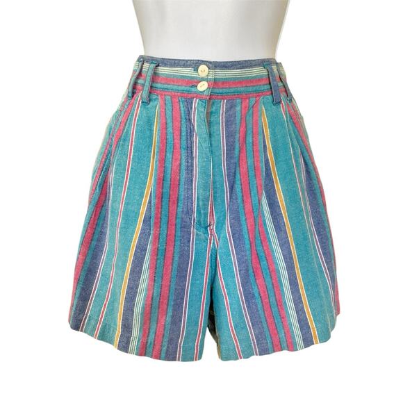 Access Pants - Vintage 80s Preppy Boho High Rise Pleated Cotton Stripe Bermuda Shorts XS/2